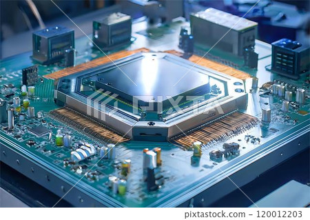 Realistic image of SMT components on a PCB, showcasing microchips, resistors, and capacitors in a high-tech manufacturing environment with advanced precision machinery 120012203