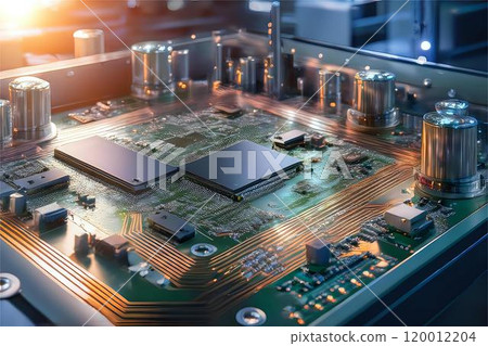 Detailed image of surface mounting technology (SMT) components like microchips, resistors, and capacitors on a printed circuit board (PCB) in a high-tech manufacturing environment 120012204