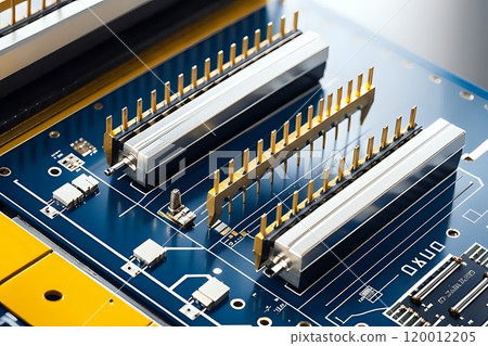 Realistic depiction of surface mounting technology (SMT) components such as microchips, resistors, and capacitors on a printed circuit board (PCB) within a high-tech manufacturing setup 120012205