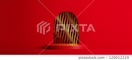 Abstract gold wave background with red podium Abstract gold wave background with red podium 120012229