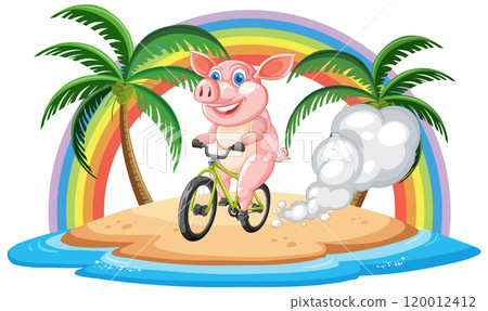 Pig Riding Bicycle on Tropical Island 120012412