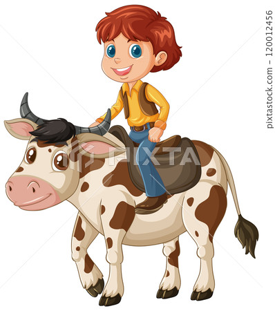 Boy Riding a Happy Cow 120012456