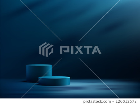 Dark Blue 3D Podium and Cylinders on Minimal Dark Background, Elegant Product Display, Showcase, and Mockup for Modern Showrooms 120012572