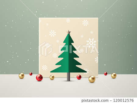 Elegant Christmas Card Design with Green Paper Cut Tree, Gold Star, Red and Gold Ornaments on Snowflake Background for Holiday Display, Showcase, Mockup, and Greeting Cards 120012576