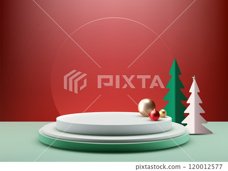 Festive Christmas 3D Podium with Pine Trees and Ornaments on Red Background for Holiday Product Display, Mockup, and Showcase 120012577