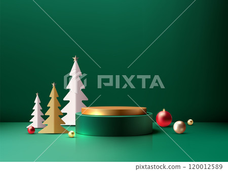Christmas 3D Gold and Green Podium with Stylized Trees on Green Background with Ornaments and Elegant Decoration Scene, Festive Holiday Product Display Mockup 120012589