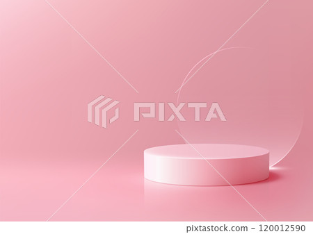 3D Pink Cylinder Podium with Transparent Circle on Minimal Background, Modern Product Display and Mockup for Showrooms and Showcase 120012590