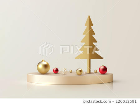 Festive Christmas Display with Gold Tree and Ornaments on Podium, Elegant Winter Holiday Scene, Mockup for Product Showcase and Seasonal Branding 120012591