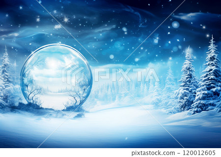An abstract winter scene featuring a glass globe with snow inside, a blue Christmas ball resting beside it. The background is soft and blurred 120012605