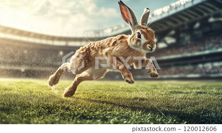 Speedy jackrabbit in motion, isolated against a clean background, capturing the essence of fast movement and agility. Conceptual image of a hare running or jumping 120012606