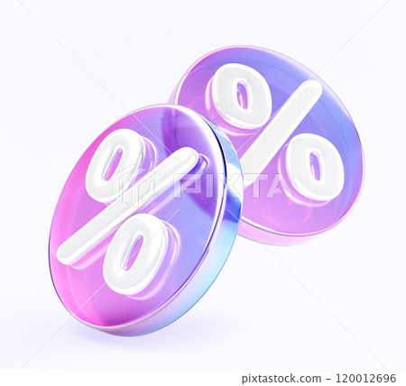 3d glass holographic falling circle sale tag or label with percent sign render. Rainbow crystal round shopping discount badge with pink blue gradient. Offer, price, bank interest rate. 3D illustration 120012696