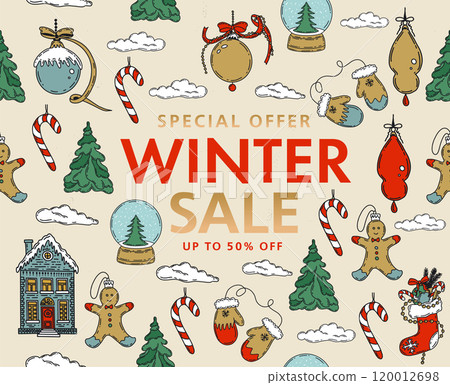 Christmas pattern in sketch style. Hand drawn illustration.	 120012698