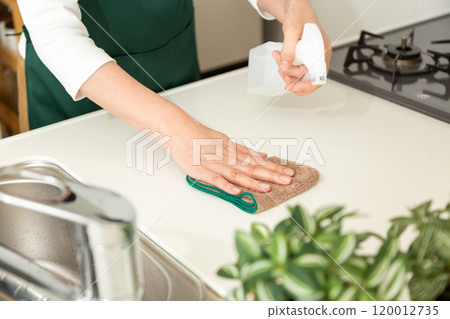 The hands of a middle-aged to senior woman disinfecting the kitchen with alcohol spray and a cloth The hands of a middle-aged to senior woman disinfecting the kitchen with alcohol spray and a cloth 120012735