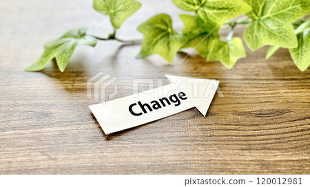 Arrow pointing up right with Change lettering and ivy on brown board background 120012981