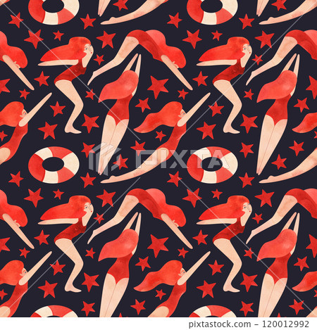 Seamless pattern with floating women in vintage style. Swimming. Seamless pattern with floating women in vintage style. Swimming. 120012992