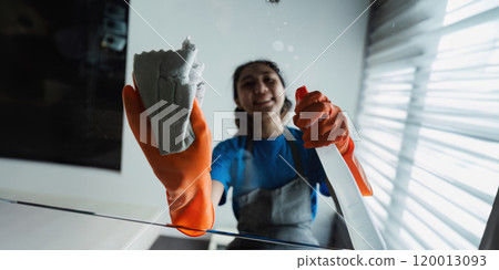 Housekeeping woman wiping the table in the living room House cleaning service concept Housekeeping woman wiping the table in the living room House cleaning service concept 120013093