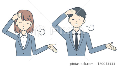 A businessman and a businesswoman sighing with an exasperated look 120013333