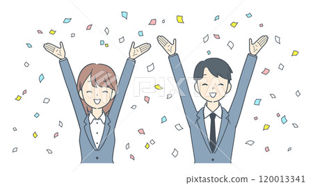 Two business people rejoicing with confetti, upper body 120013341