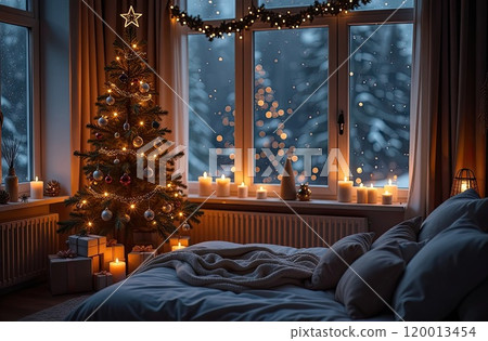 Cozy bedroom with a bed by window with Christmas decor and a Christmas tree and warm light garlands and candles - inside view in winter and snow. Celebrate Christmas and New Year, Christmas mood. AI 120013454