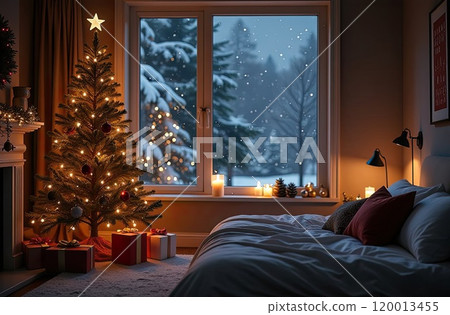 Cozy bedroom with a bed by window with Christmas decor and a Christmas tree and warm light garlands and candles - inside view in winter and snow. Celebrate Christmas and New Year, Christmas mood. AI 120013455