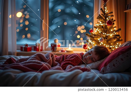 Child is sleeping in bed in Cozy bedroom with Christmas tree and warm light garlands and candles - inside window view in winter and snow. Eve Christmas and New Year, Christmas mood. AI generated 120013456