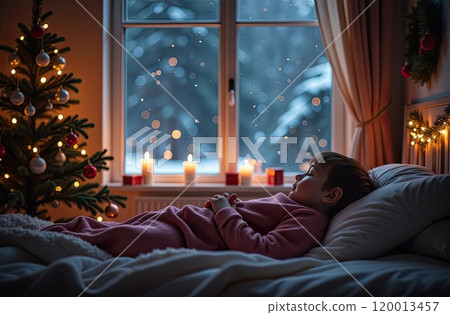 Child is sleeping in bed in Cozy bedroom with Christmas tree and warm light garlands and candles - inside window view in winter and snow. Eve Christmas and New Year, Christmas mood. AI generated 120013457