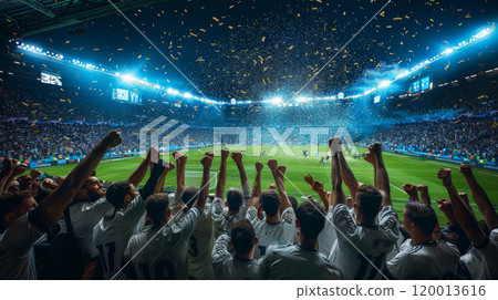 A crowd of people are celebrating in a soccer or football stadium 120013616