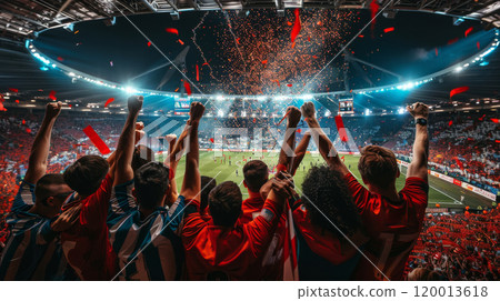 A group of people are celebrating in a stadium with fireworks 120013618