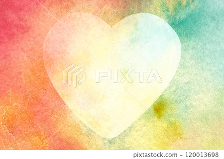 Light pastel heart on red, yellow and turquoise watercolor background, colors blending into each other. Hand painted illustration. Perfect for St Valentine day, love cards, posters, horizontal frame 120013698