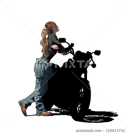 A woman riding a motorcycle on a black background A woman riding a motorcycle on a black background 120013732