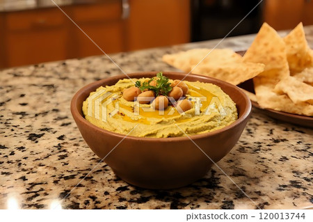 Creamy hummus with olive oil, paprika, and chickpeas in a rustic bowl on a cozy kitchen countertop 120013744