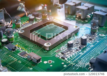 Close-up image of surface mounting technology (SMT) components like microchips, resistors, and capacitors on a printed circuit board (PCB) in an advanced high-tech manufacturing environment 120013746