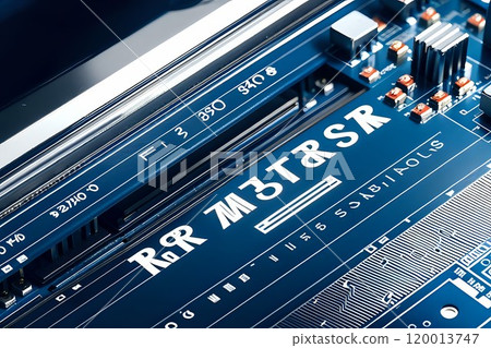 Detailed close-up of SMT components including microchips, resistors, and capacitors on a printed circuit board (PCB) in a sophisticated high-tech manufacturing facility 120013747