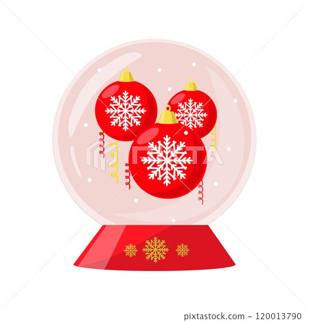 A snow globe with Christmas balls, snowflakes on a red background A snow globe with Christmas balls, snowflakes on a red background 120013790