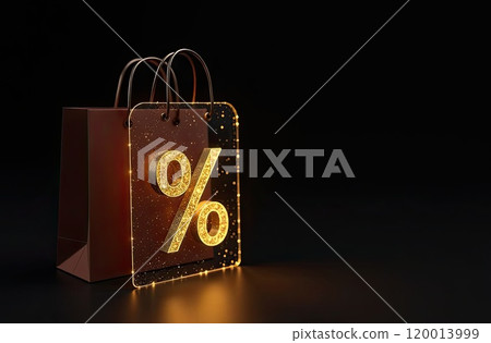 Neon glowing gold percentage sign on a black background. Shop window for Black Friday, sale, discounts, shopping bags. banner, flyer. AI generated 120013999