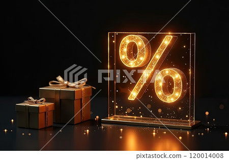 Neon glowing gold percentage sign on a black background. Shop window for Black Friday, sale, discounts, shopping bags. banner, flyer. AI generated Neon glowing gold percentage sign on a black background. Shop window for Black Friday, sale, discounts, shopping bags. banner, flyer. AI generated 120014008
