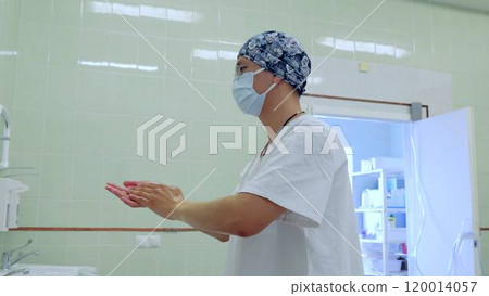 An important step in the surgeon's preparation before surgery is thorough washing of hands and forearms using antiseptic agents. Surgical preparation, hand washing before surgery. 120014057