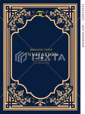 Elegant wedding invitation template featuring floral ornaments and golden rings Elegant wedding invitation template featuring floral ornaments and golden rings 120014141