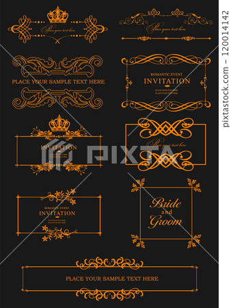 Elegant golden flourishes creating a collection of borders on a black background Elegant golden flourishes creating a collection of borders on a black background 120014142