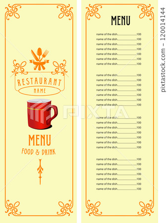 Red coffee cup sitting on restaurant menu design template with food and drink options 120014144