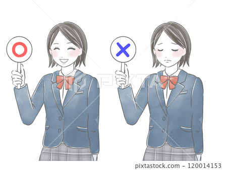 Watercolor illustration of a female student holding a true or false plate 120014153