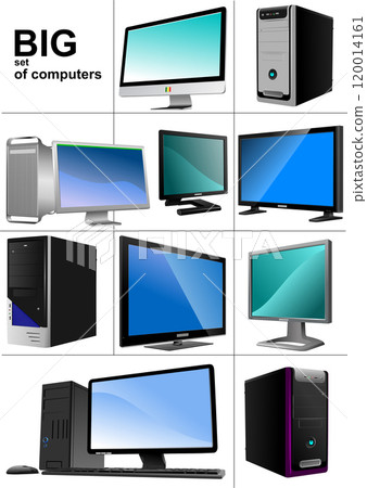 Big set of modern personal computers displaying blue screens 120014161