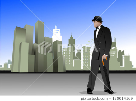 Elegant gentleman walking in city with umbrella and bowler hat Elegant gentleman walking in city with umbrella and bowler hat 120014169