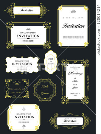 Set of wedding invitations frames featuring swirling golden borders on black background Set of wedding invitations frames featuring swirling golden borders on black background 120014214