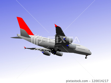 Modern passenger airplane taking off on blue sky background Modern passenger airplane taking off on blue sky background 120014217