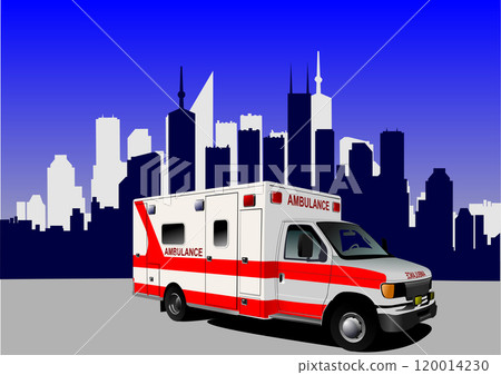 Ambulance parking in urban environment with skyscrapers in background 120014230