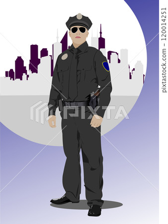 Confident police officer standing guard in front of city skyline 120014251