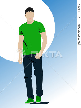 Young man with green t-shirt and blue jeans walking on blue background 120014267