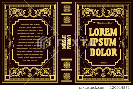 Elegant gold vintage book cover design featuring flourishes and frames 120014271
