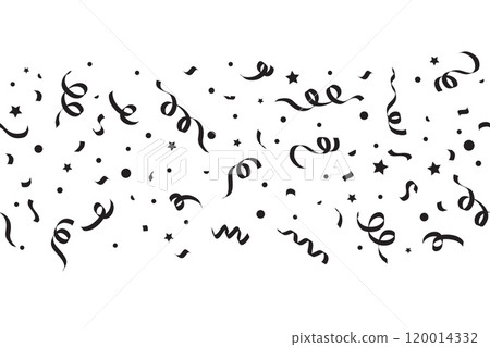 Confetti vector background for birthday and carnival celebration design. Black silhouettes of ribbons and falling paper elements. Seamless border pattern with serpentine Confetti vector background for birthday and carnival celebration design. Black silhouettes of ribbons and falling paper elements. Seamless border pattern with serpentine 120014332